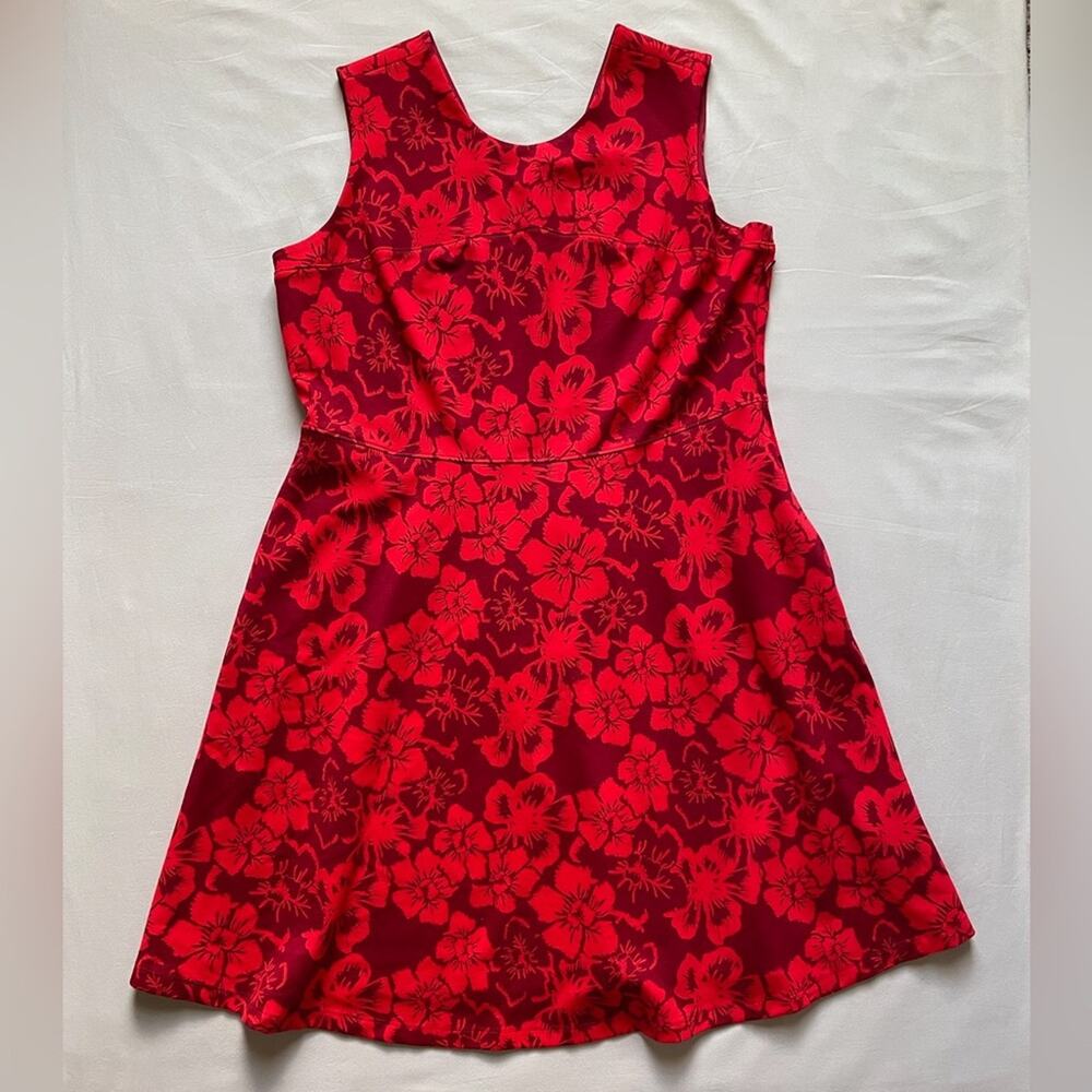 Lands End Red Women’s Sleeveless Hawaiian Floral Print Dress Size 14 Petite